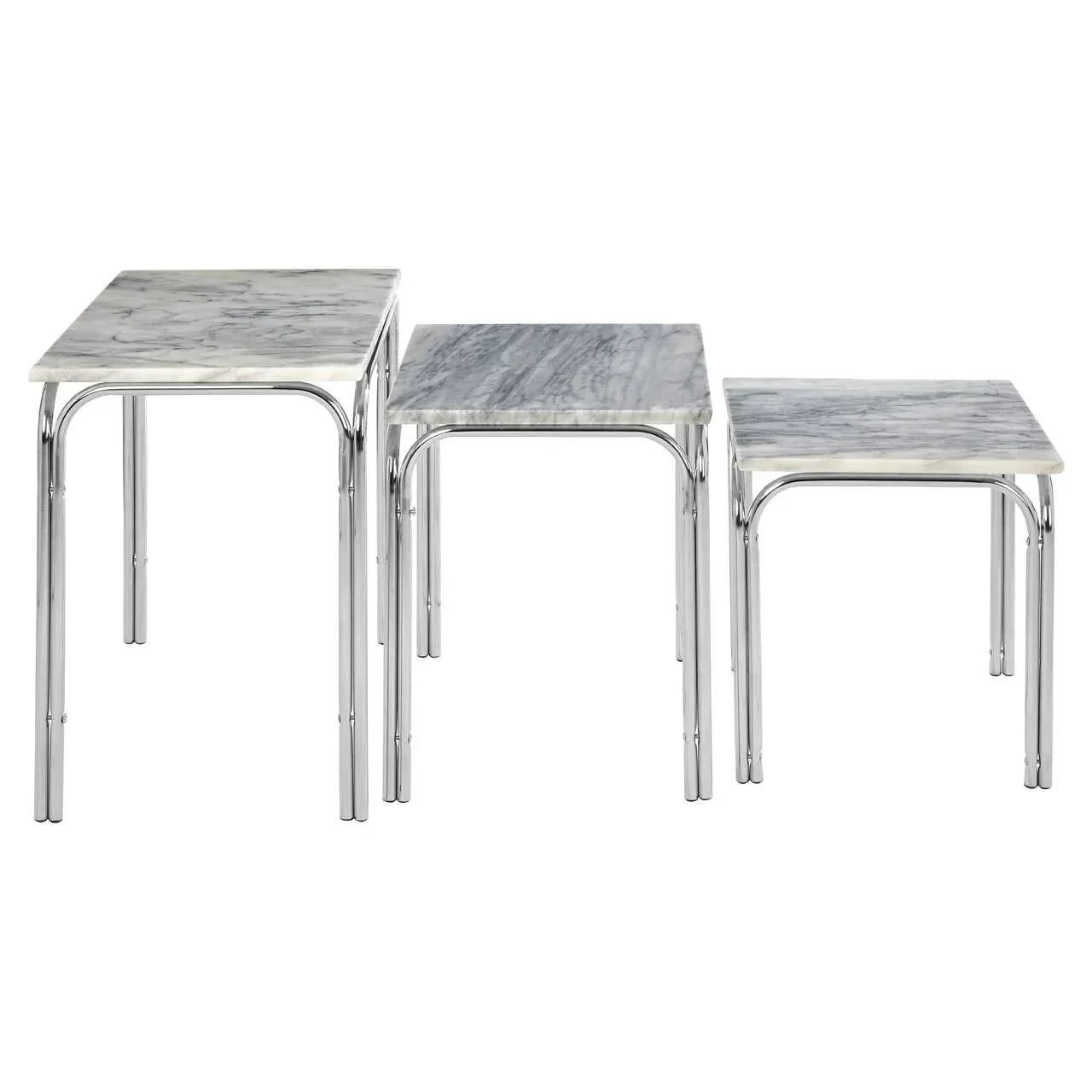 Set of three nesting tables with marble tops and chrome legs on a white background