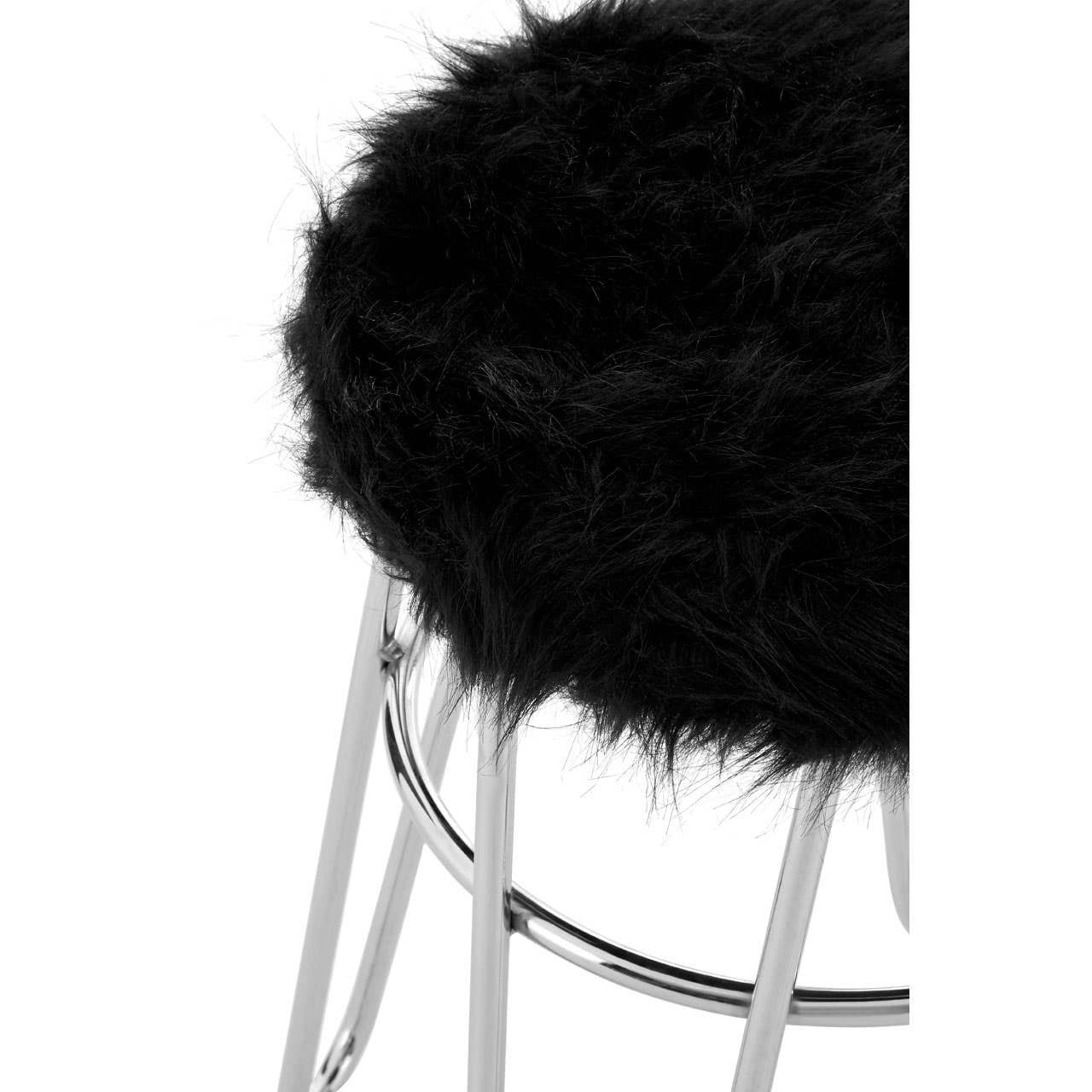 Black faux fur stool with a fluffy top and a sleek metal frame, showcasing a modern design suitable for home decor