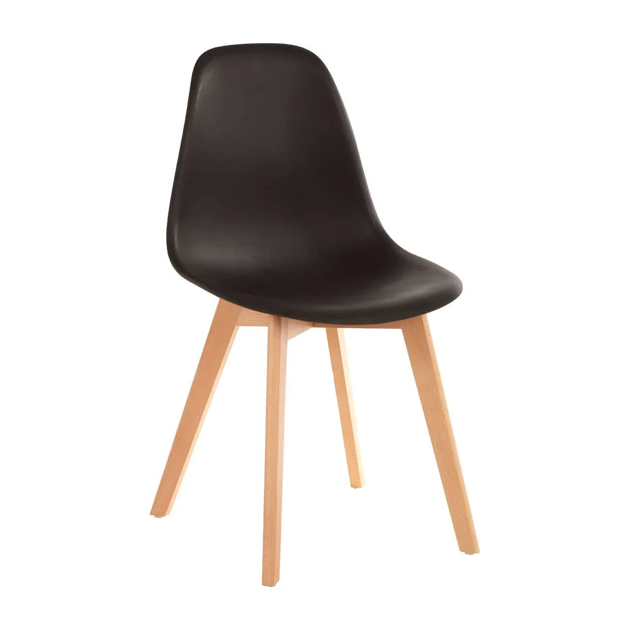 Black dining chair with curved seat and light wood legs, angled front view