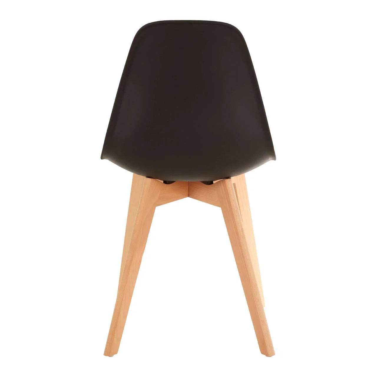 Black dining chair with curved plastic back and light wood legs rear view