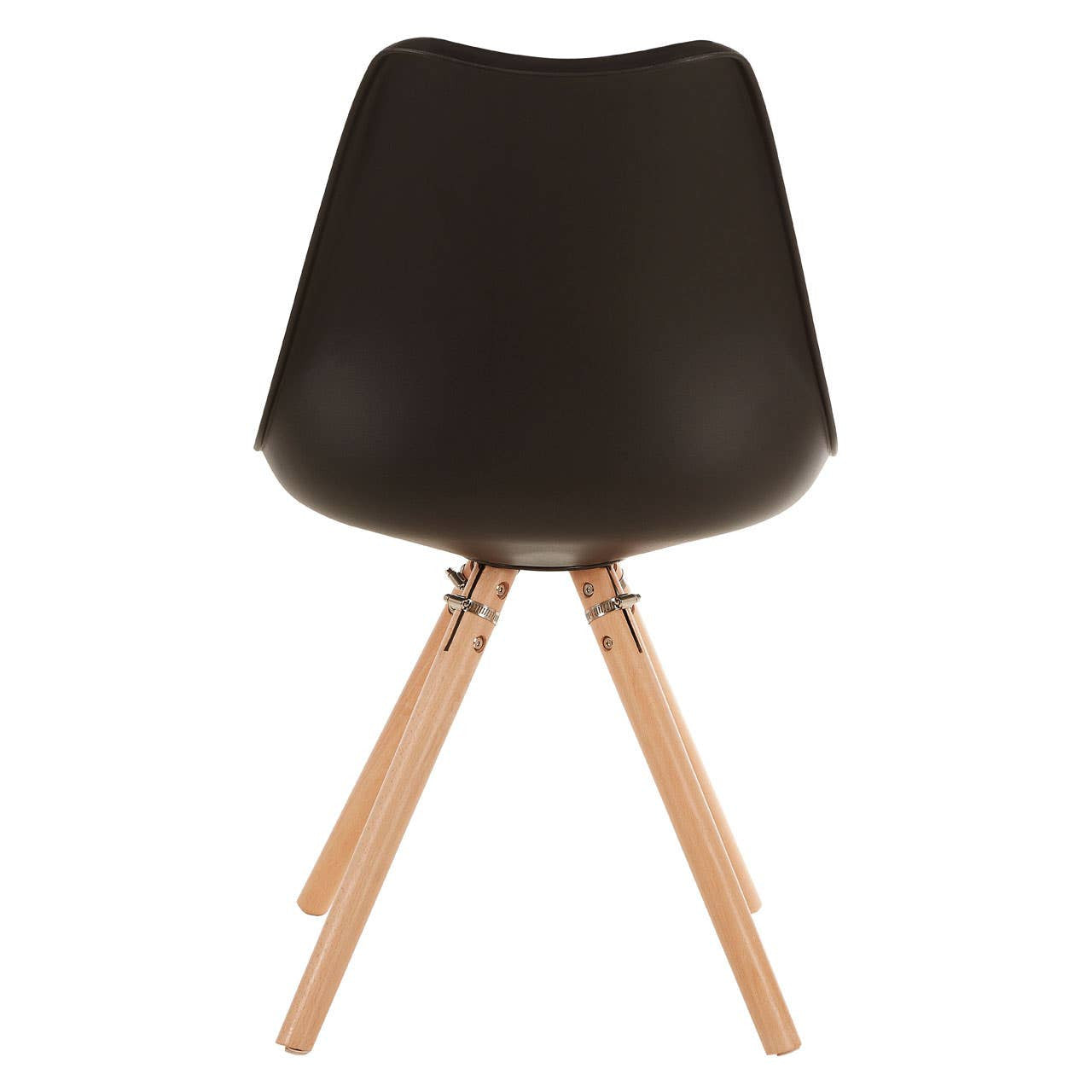 Black padded seat dining chair with a sleek, curved backrest and wooden legs. The chair features a minimalist design, showcasing a smooth black surface and natural wood tones