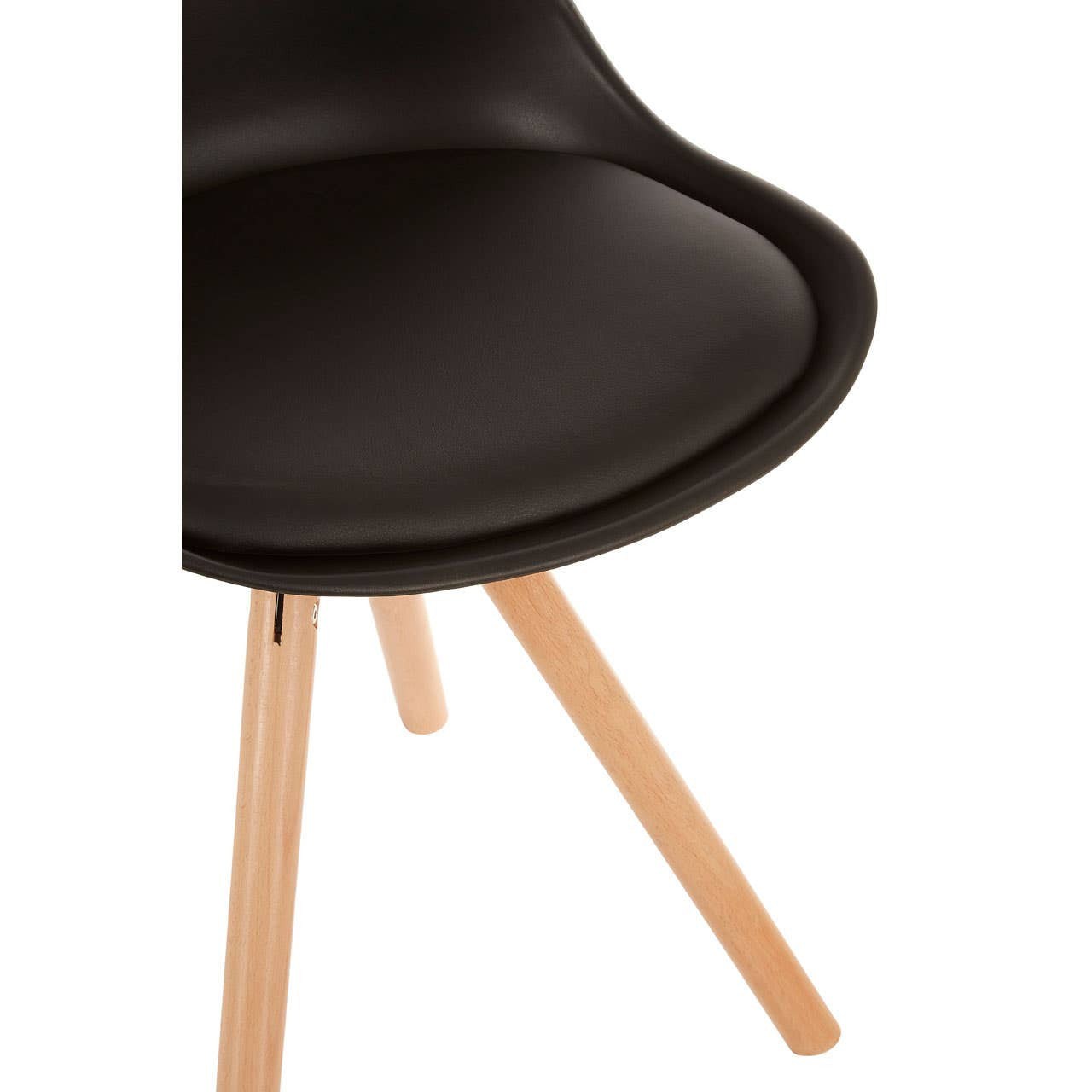 Black padded seat dining chair with a smooth, curved design and light wooden legs, showcasing a modern aesthetic suitable for dining spaces