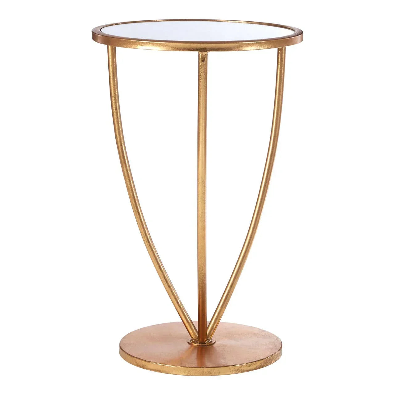 Round gold metal side table with mirrored glass top and sculpted base
