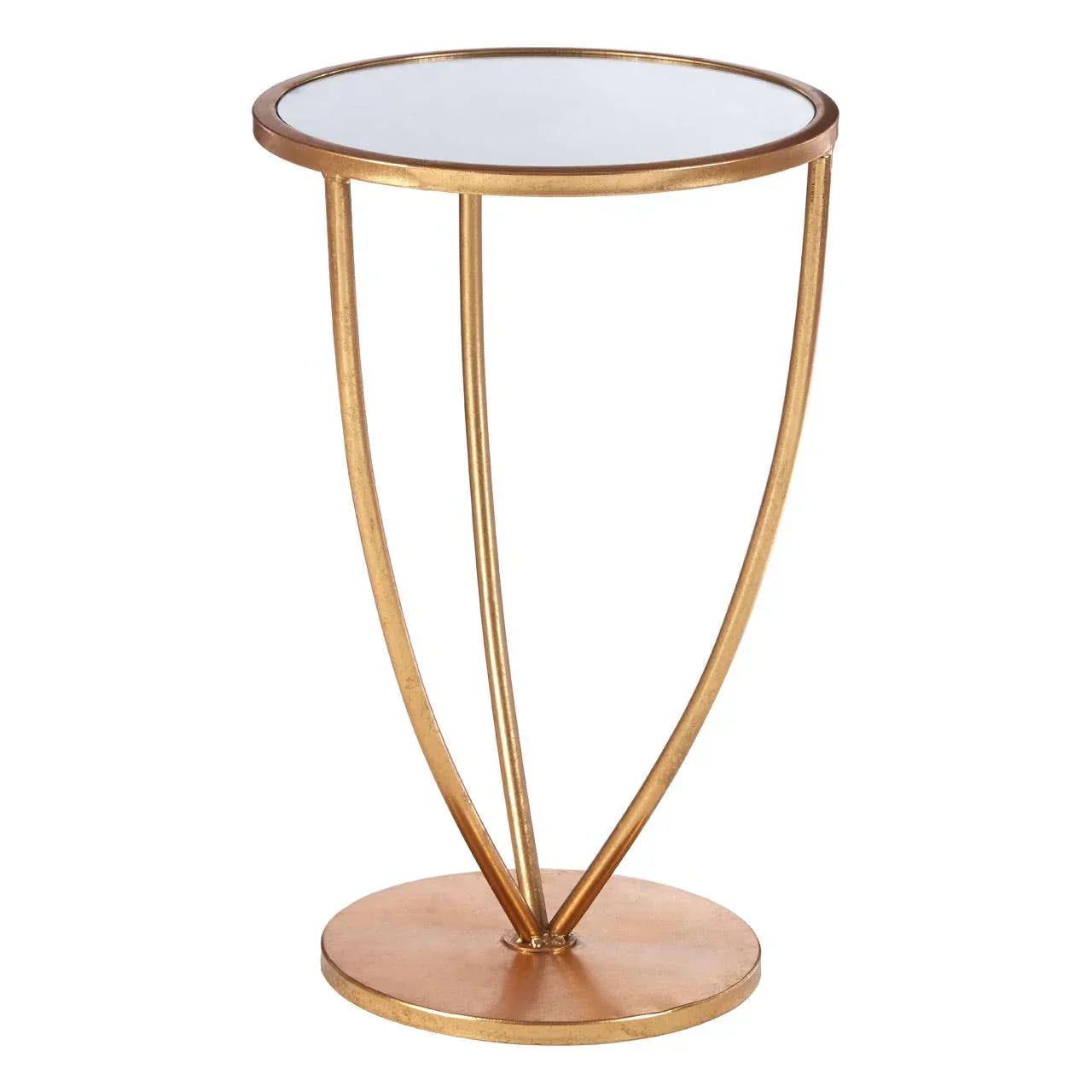 Round gold metal side table with glass top and modern curved base design