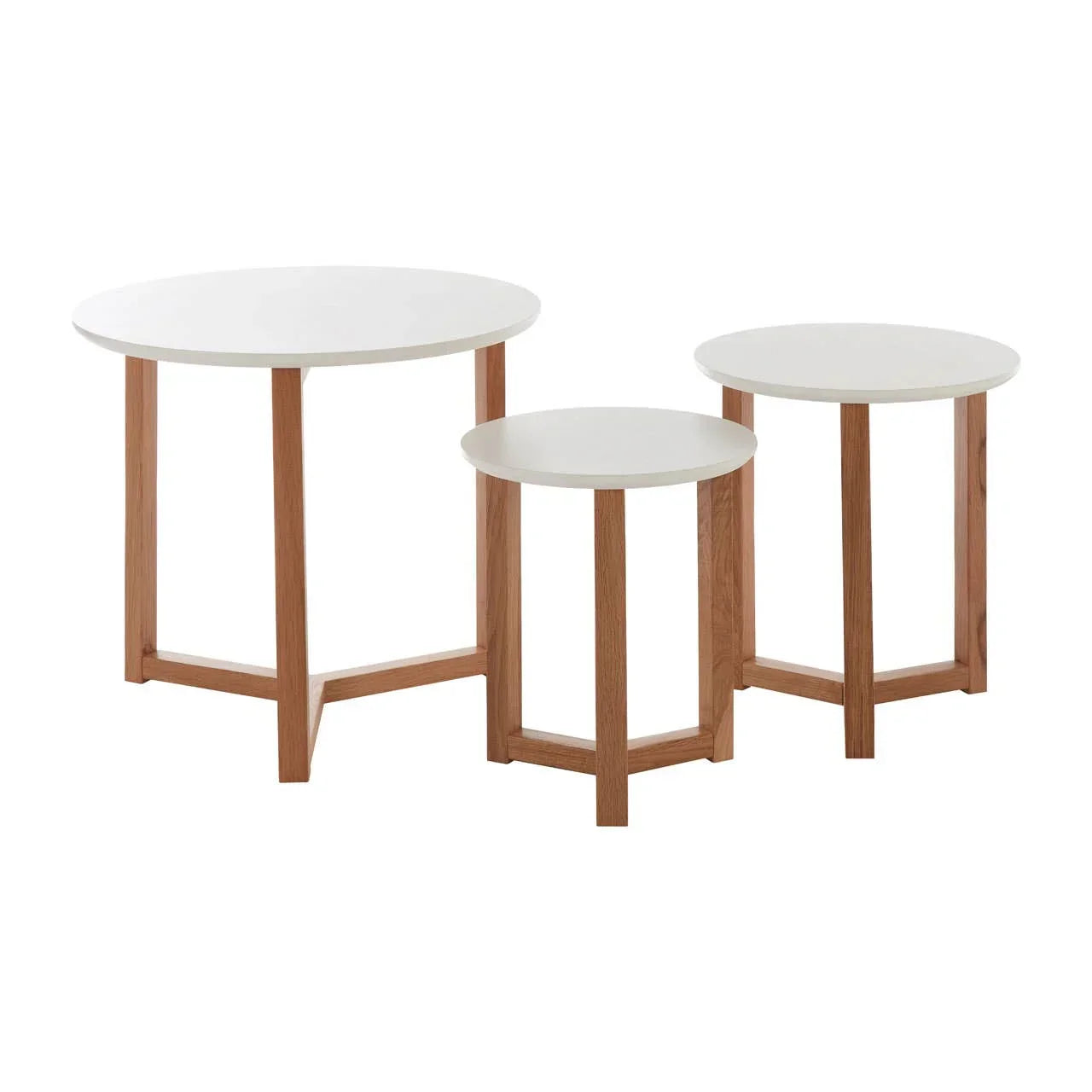 Set of three round nesting tables with white tops and natural wood legs