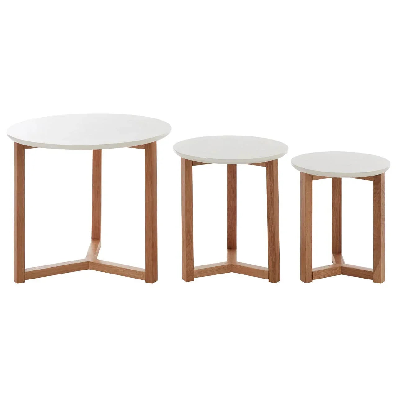 Set of three nesting tables with white round tops and wooden legs, side by side