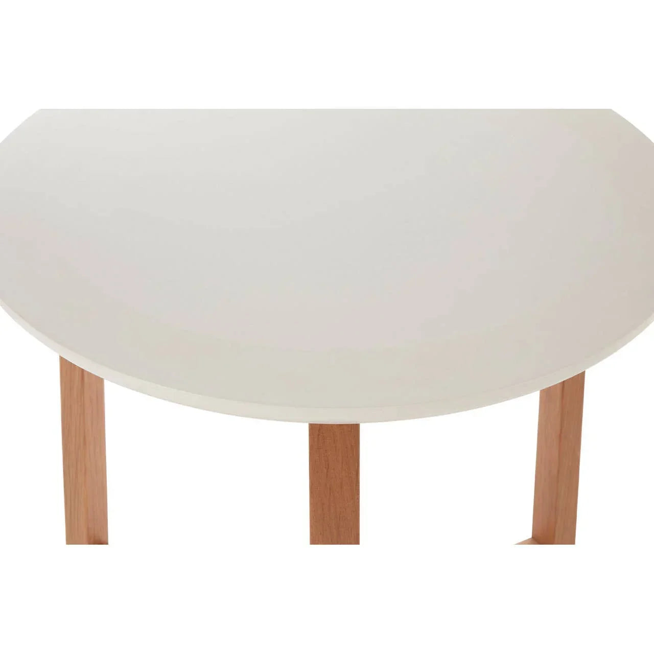 White half-moon console table with natural wood legs, close-up of tabletop and frame