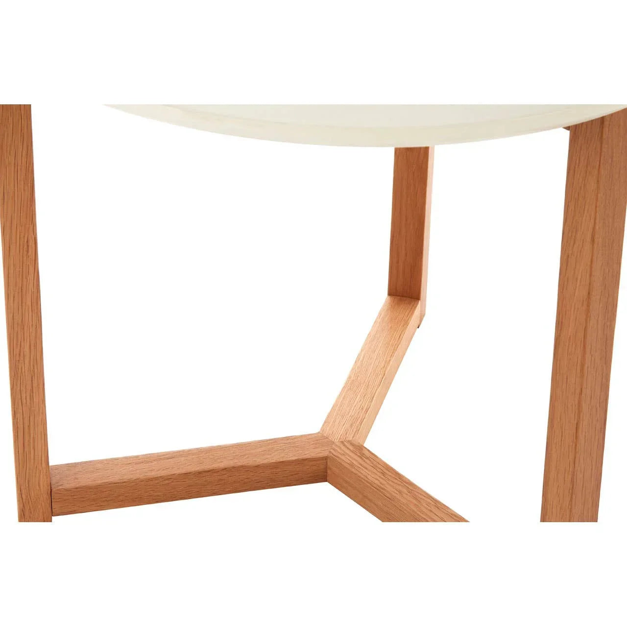 Close view of wooden table legs with natural oak finish and triangular support structure