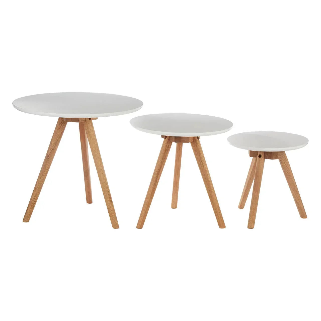 Set of three round white side tables with wooden legs in varying heights