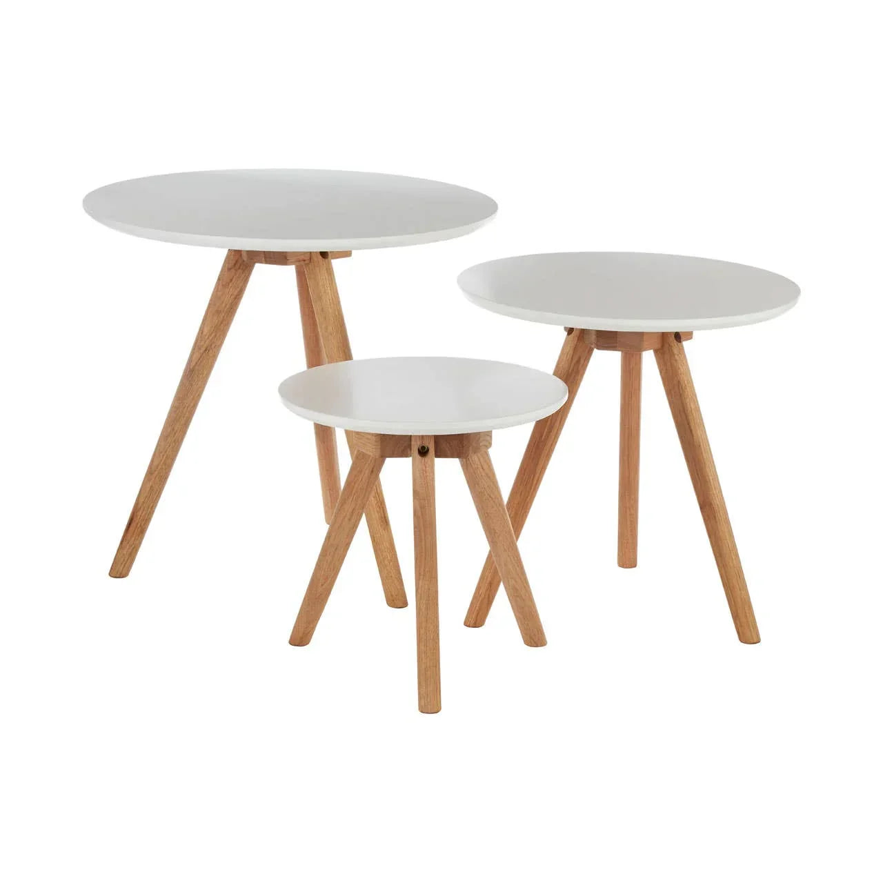 Set of three round nesting tables with white tops and wooden legs, displayed on white background