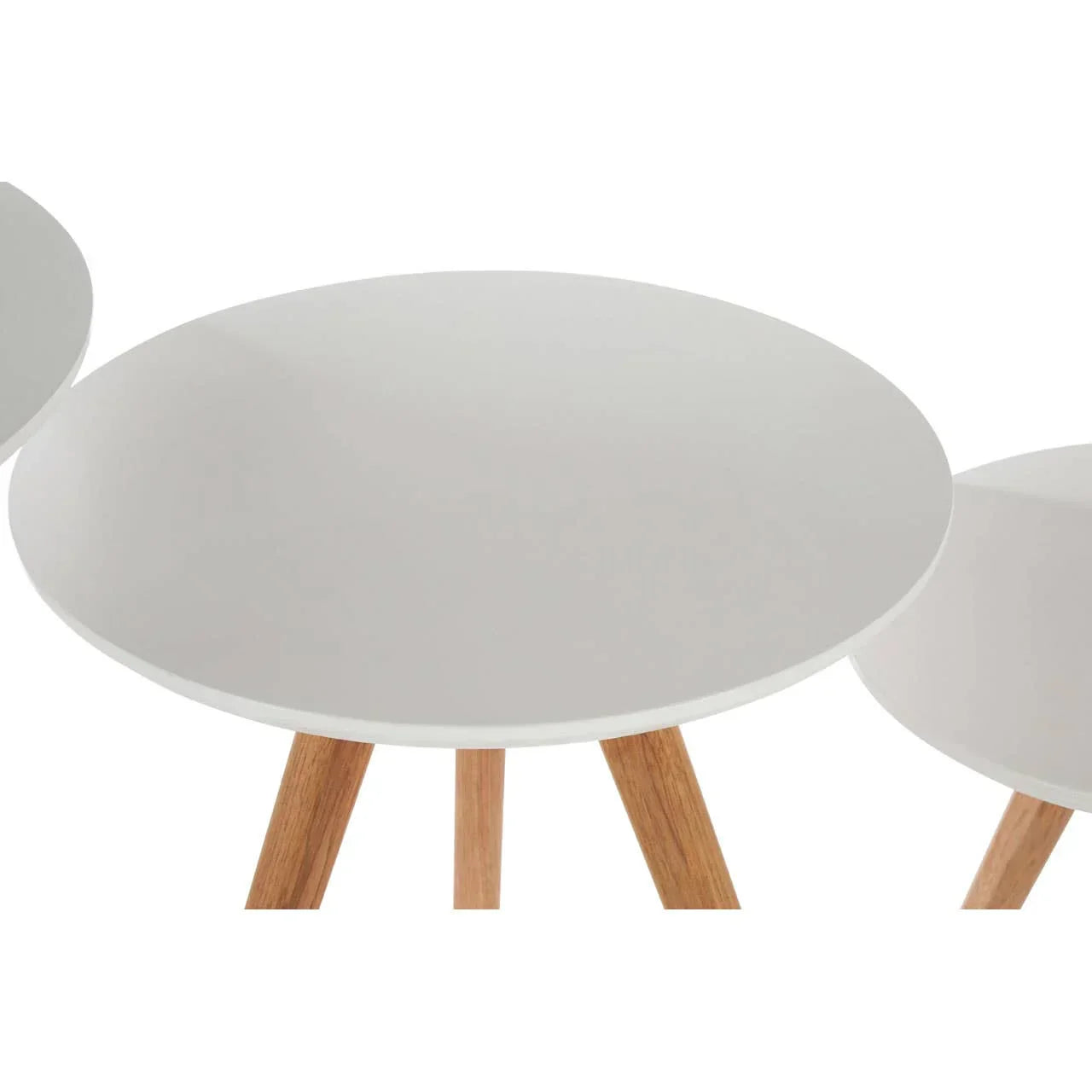 Round white side table with wooden legs, close-up of tabletop and tripod base