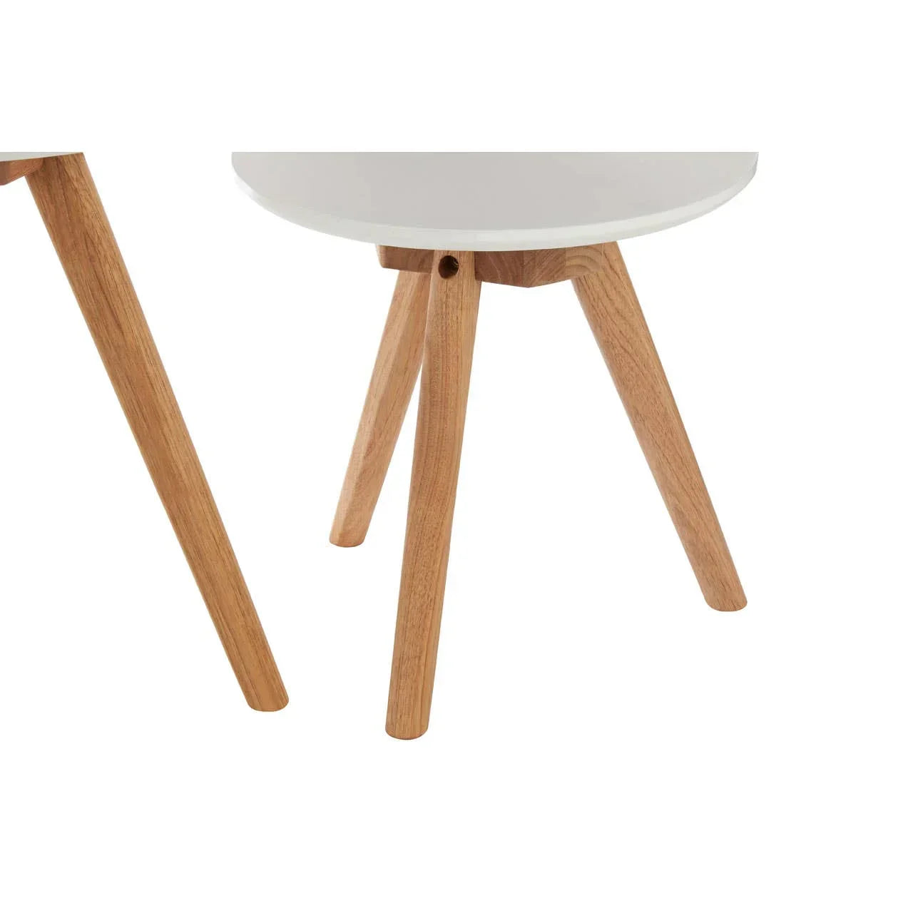 Round white side table with wooden legs, modern minimalist design
