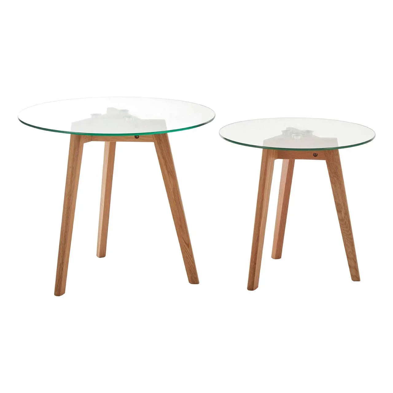 Round glass top side tables with wooden legs, set of two, modern minimalist design