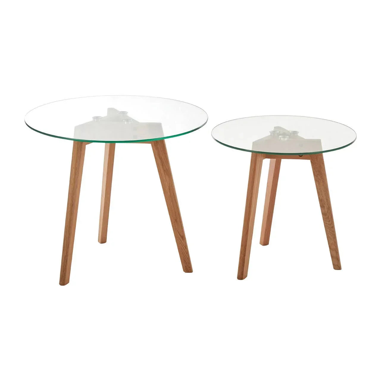 Round glass top nest of tables with wooden legs, modern side table set on white background