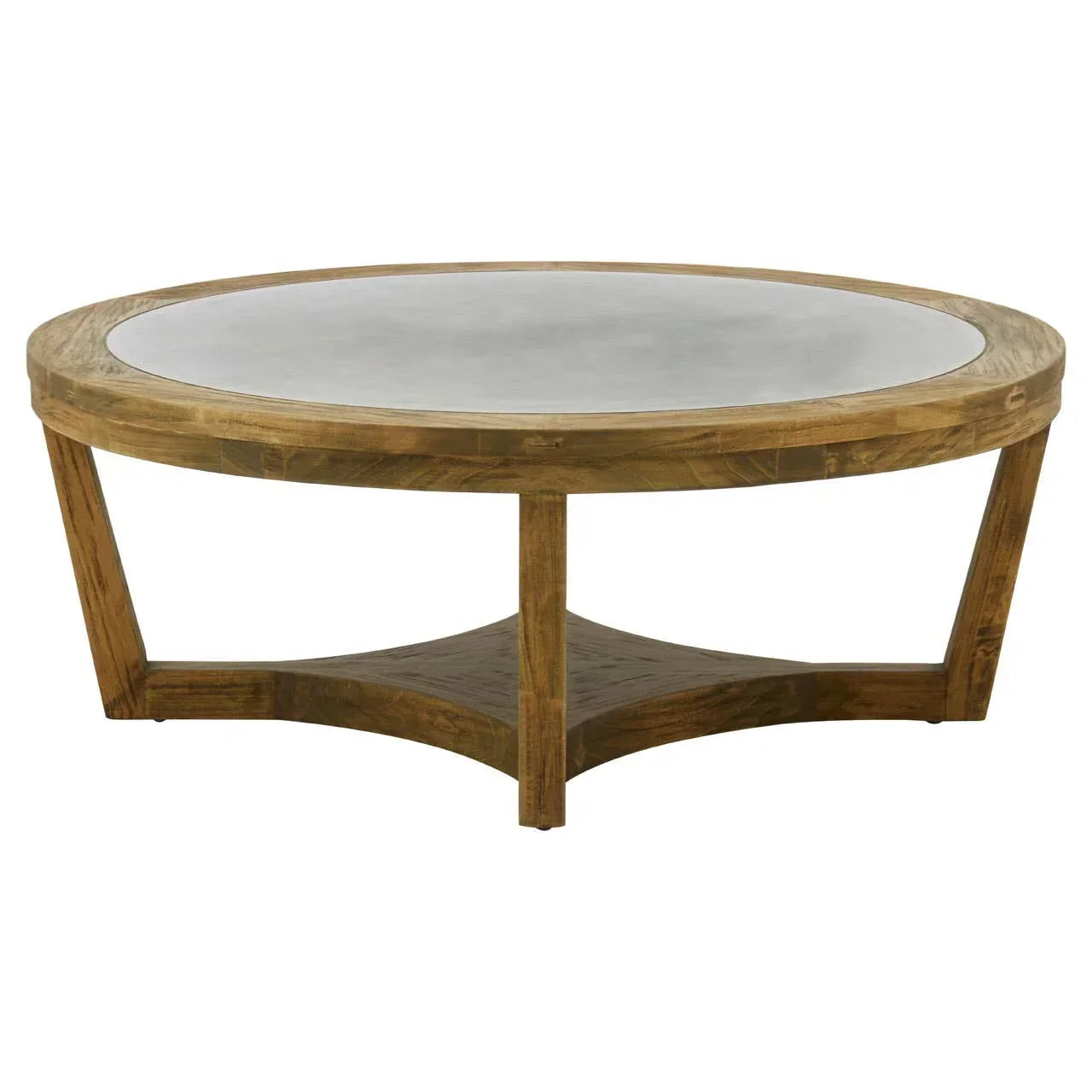 Round wood coffee table with light concrete top and open triangular base