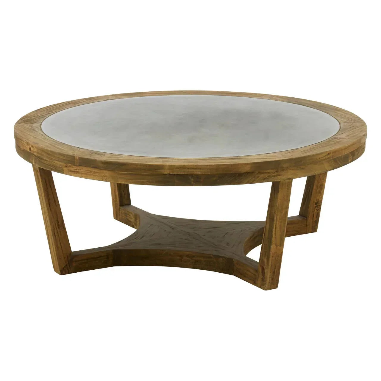 Round wood and concrete coffee table with geometric wooden legs