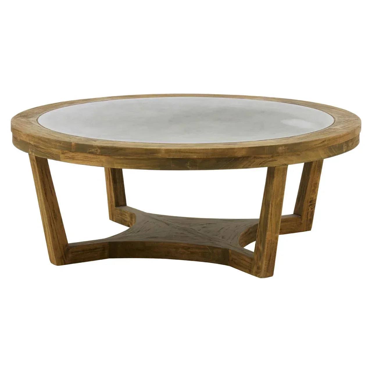 Round wooden coffee table with concrete top and angular legs