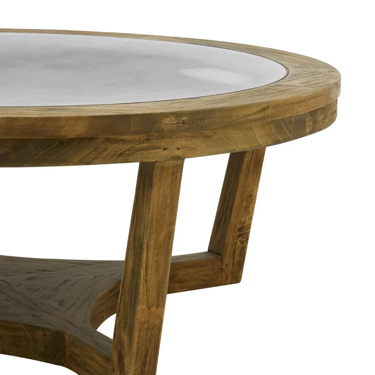 Round wooden coffee table with light marble top and angled legs