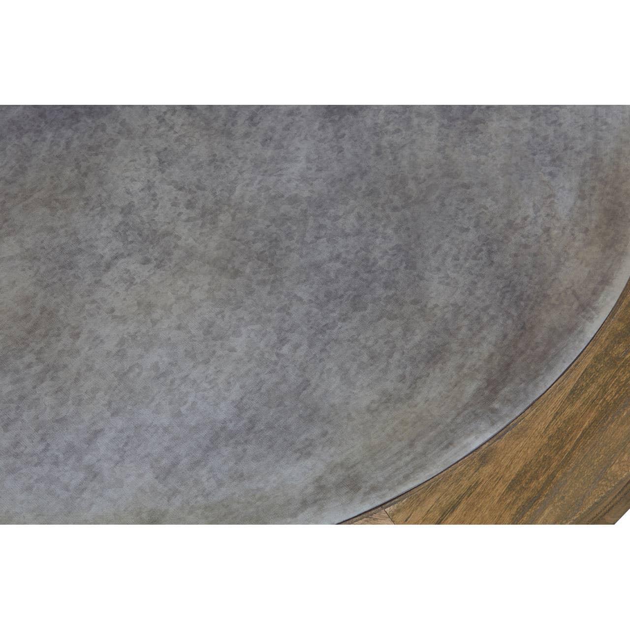 Grey round dining table top with smooth textured surface and wood edge detail