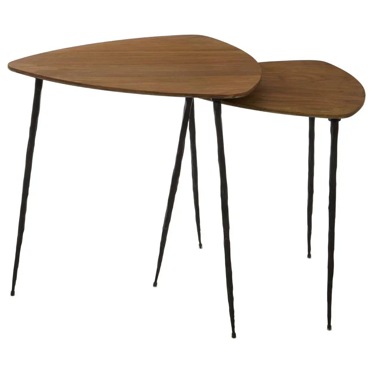 Set of two wooden nesting tables with metal legs, triangular tops, angled side view