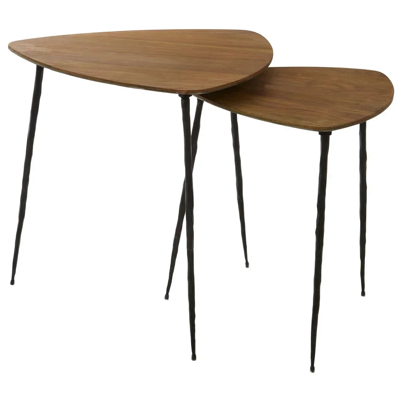 Set of two wooden nesting side tables with black metal legs, overlapping triangular tops