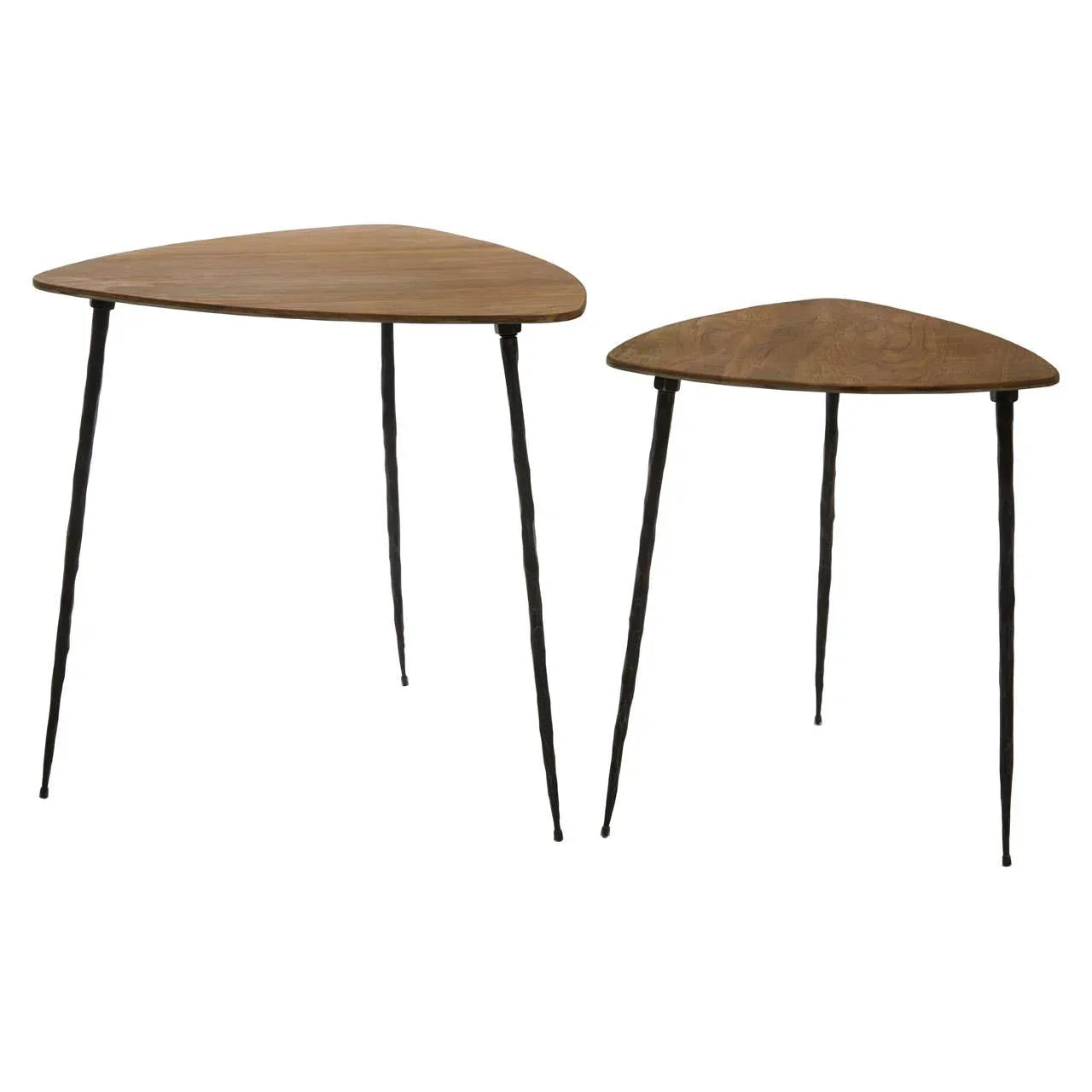 Set of two wooden side tables with black metal legs and triangular tops