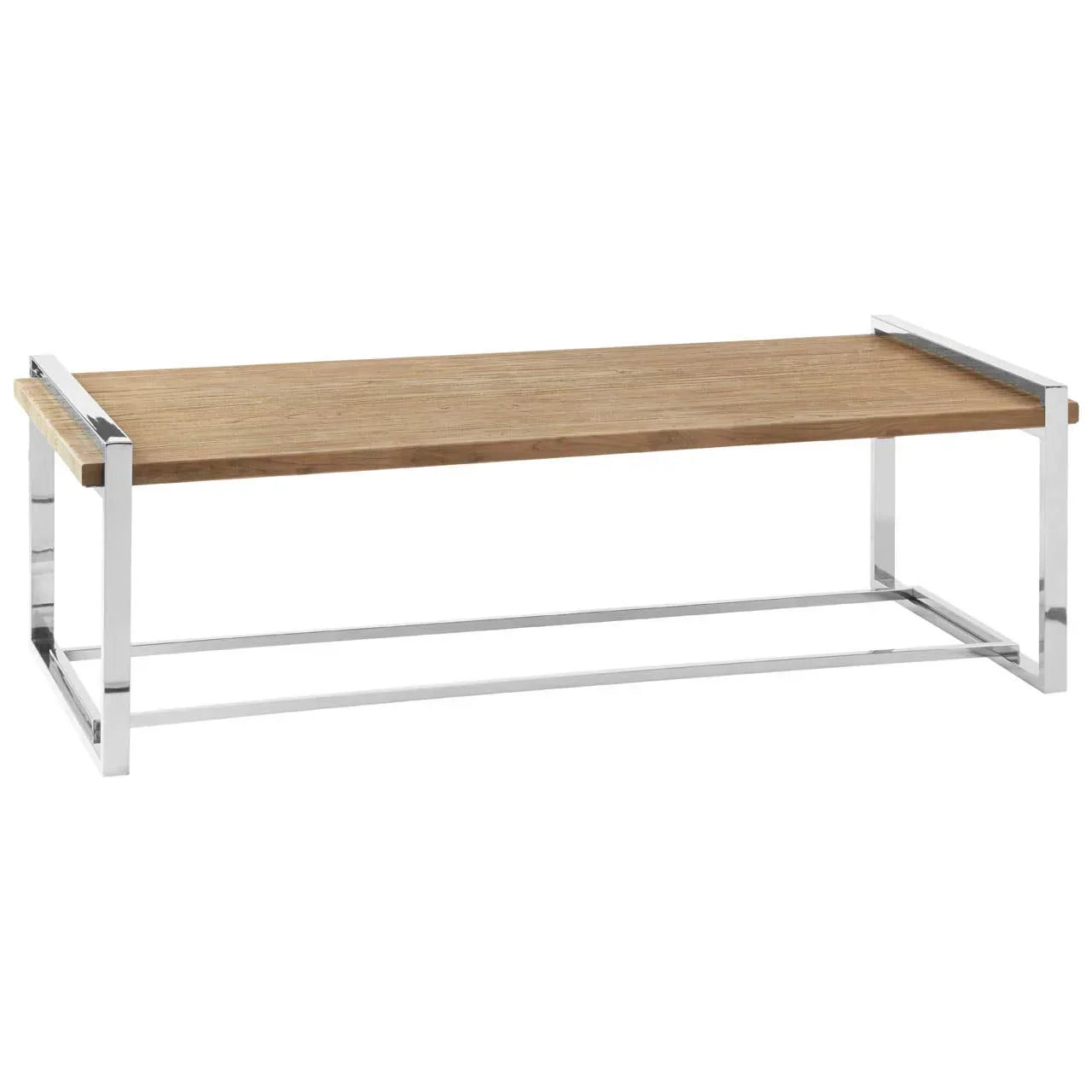 Rectangular coffee table with wood top and chrome metal frame on white background