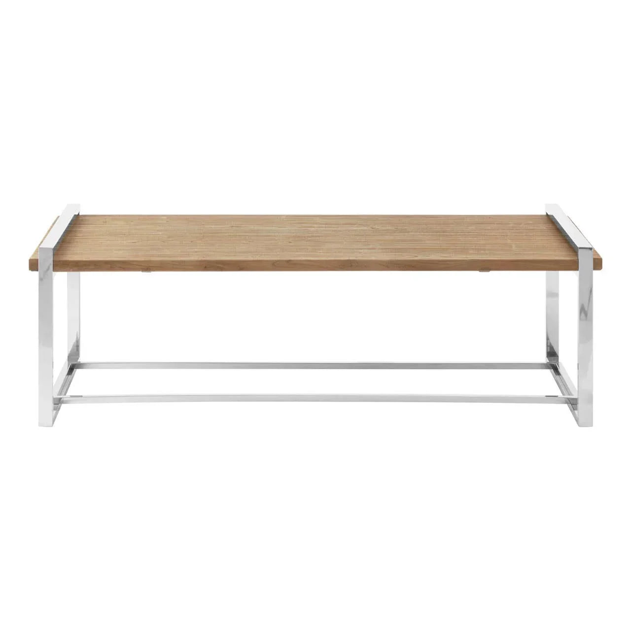 Rectangle dining bench with wooden seat and chrome metal frame, front view