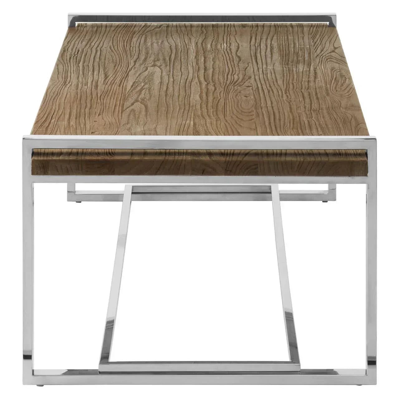 Modern wood and metal dining table with rectangular top and chrome frame, front view