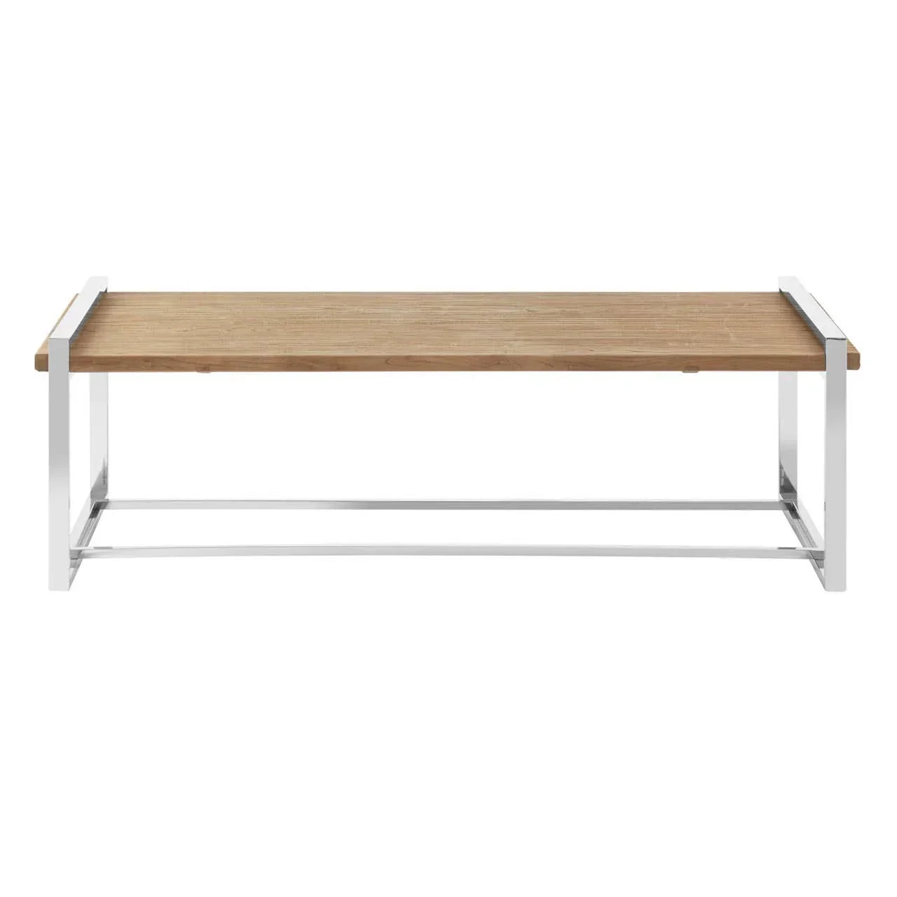 Rectangular wooden coffee table with chrome metal frame, front view