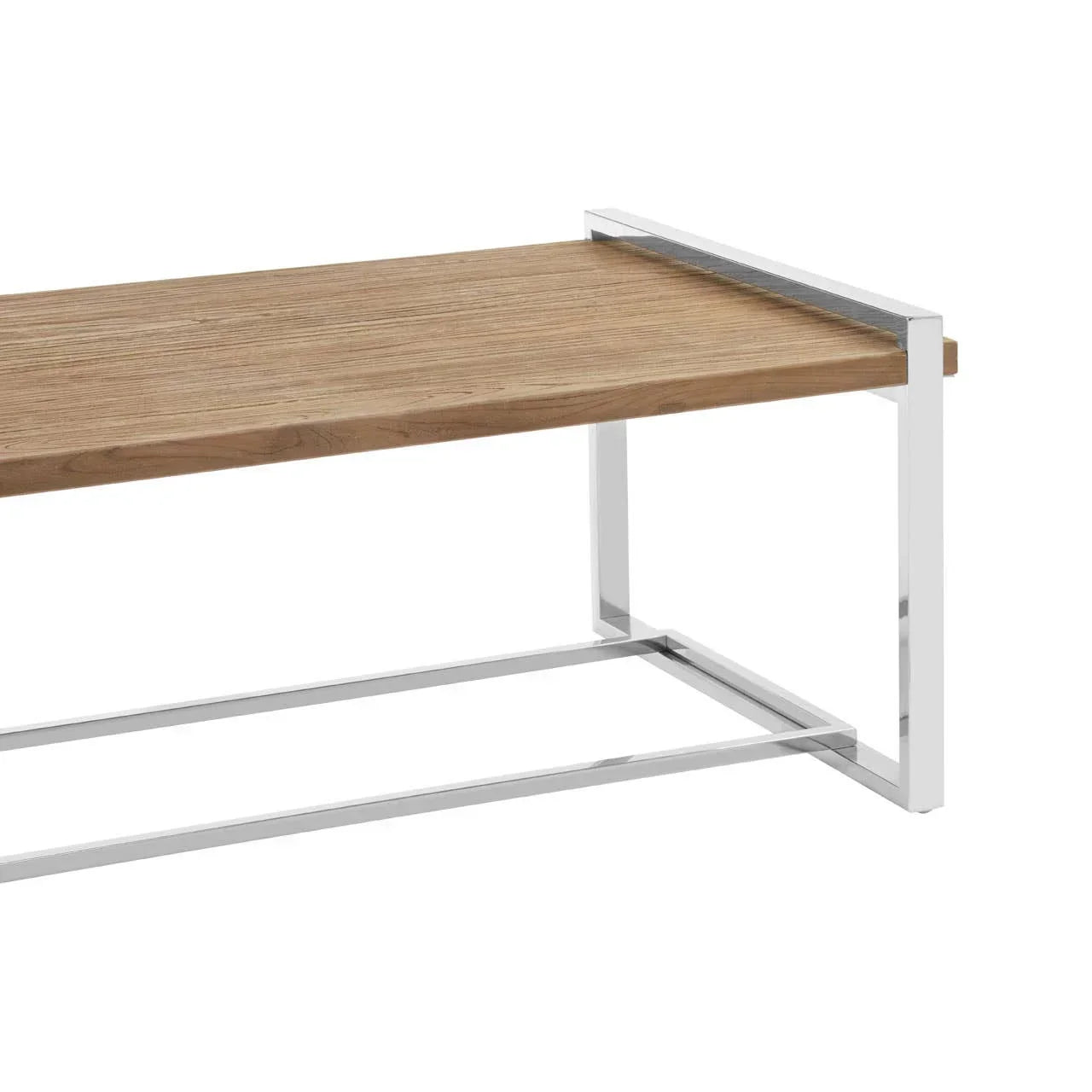 Oak dining bench with chrome metal legs and rectangular wooden seat, side angle view
