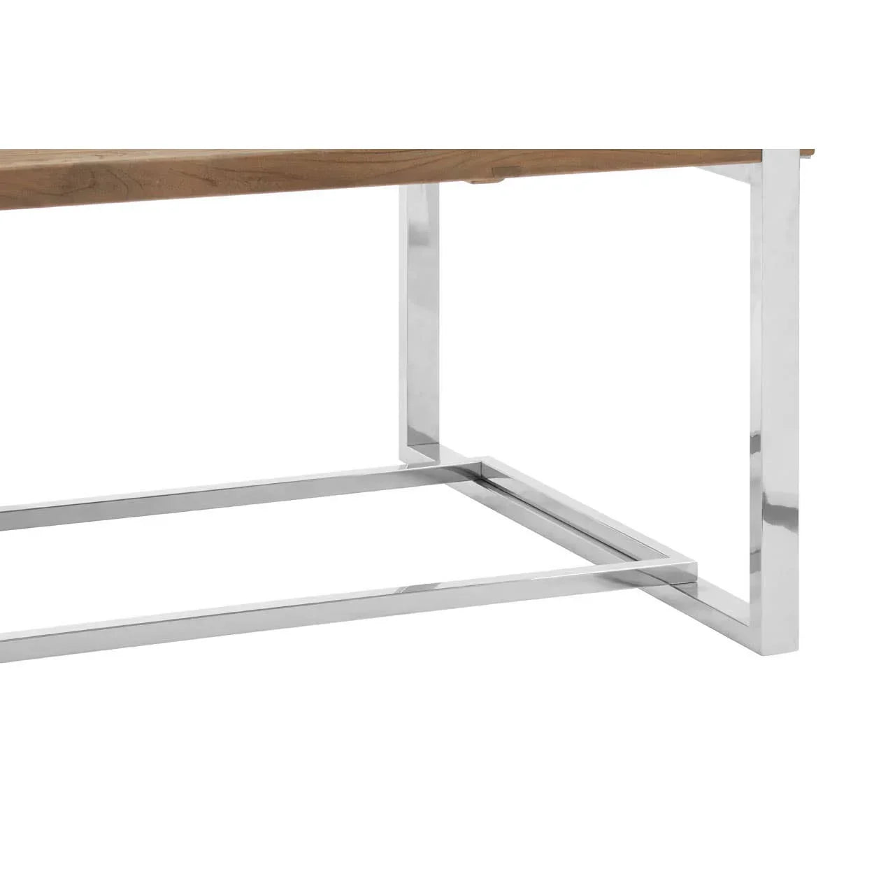 Close up of dining table chrome metal frame and wood top
