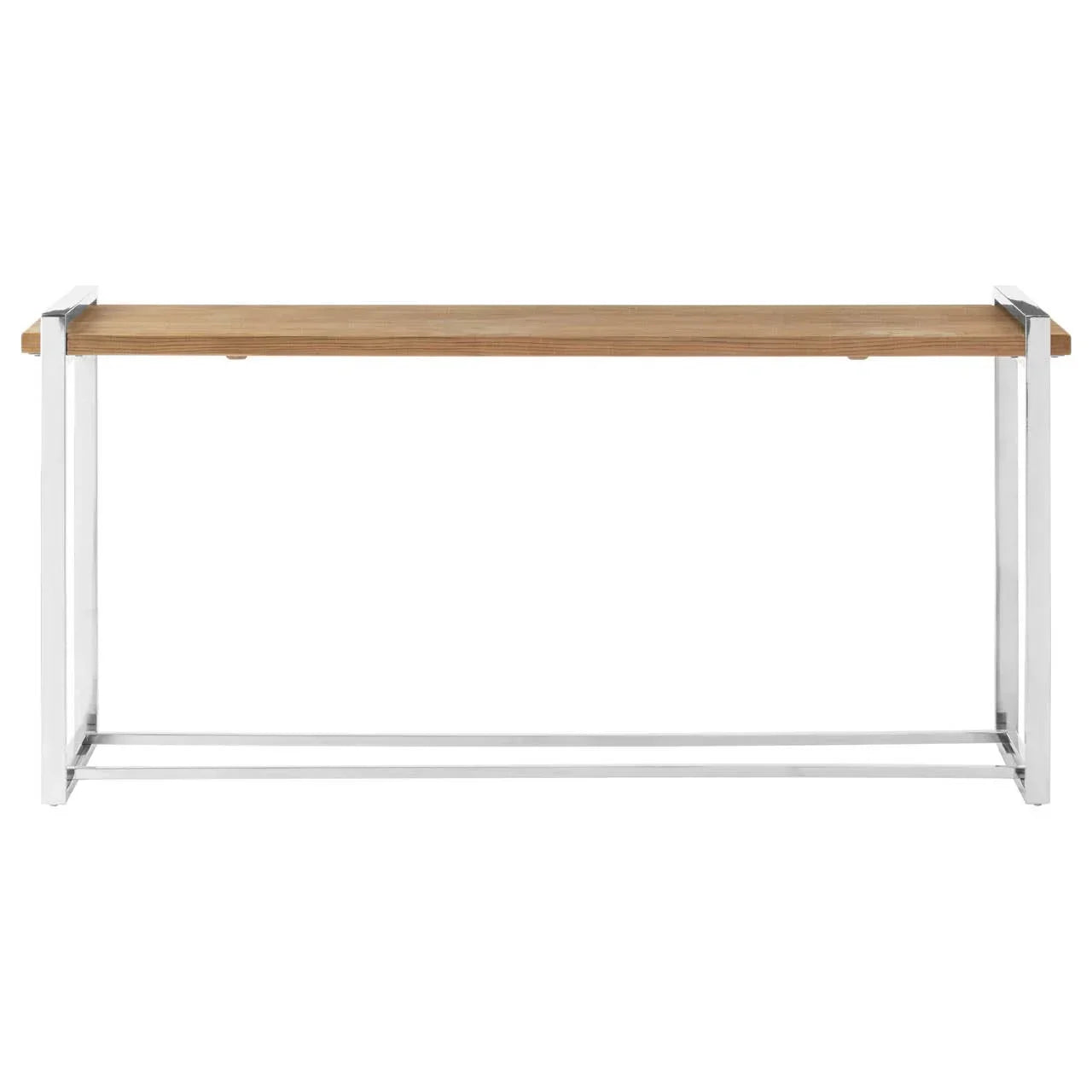 Modern console table with light wood top and chrome metal frame, front view
