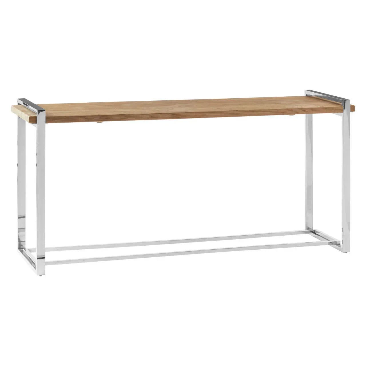 Modern console table with wooden top and chrome metal frame, front angle view