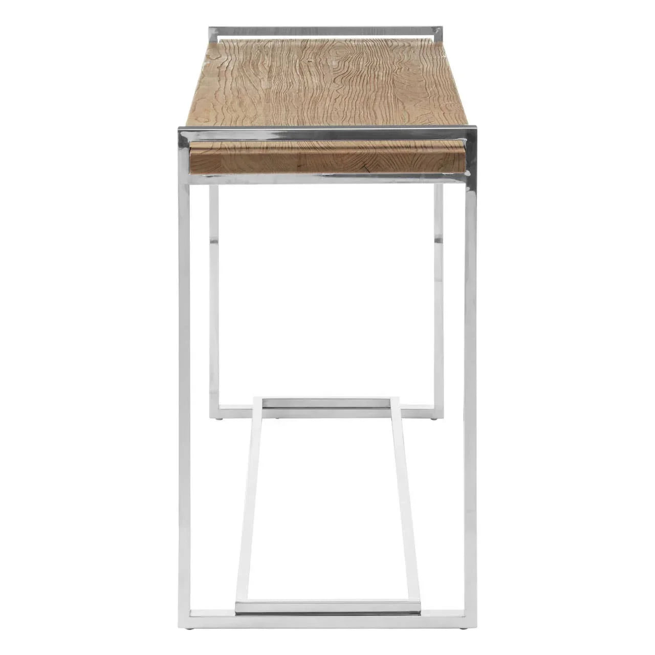 Modern console table with light wood top and chrome metal legs, straight front view