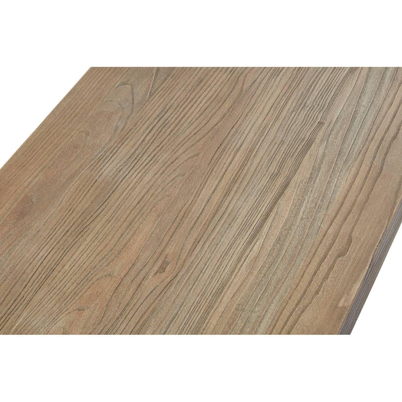 Closeup of rectangular wood-effect dining table top with natural grain texture