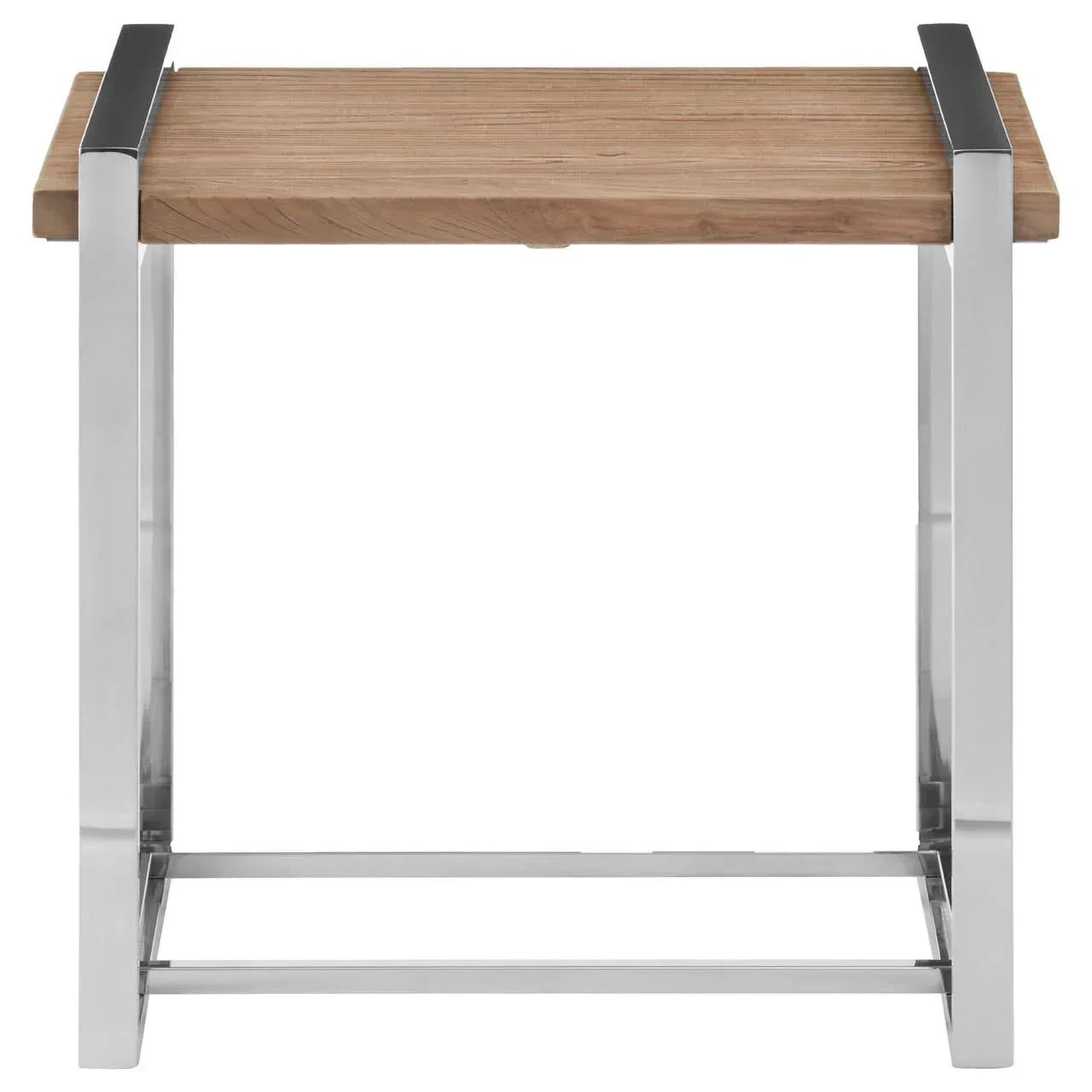 side table with natural wood top and chrome metal frame, front view