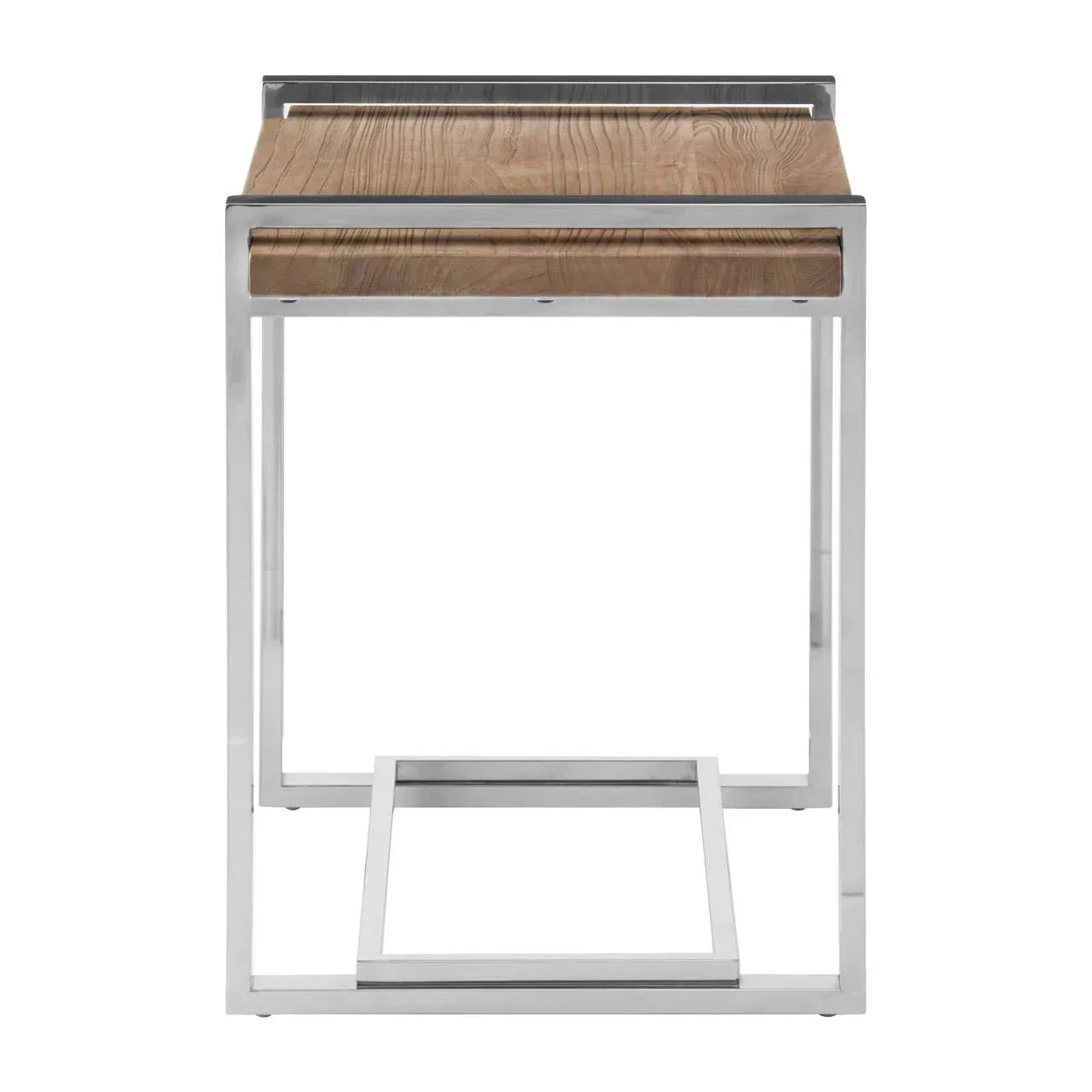 Rectangular console table with light wood top and chrome metal frame, front angle view