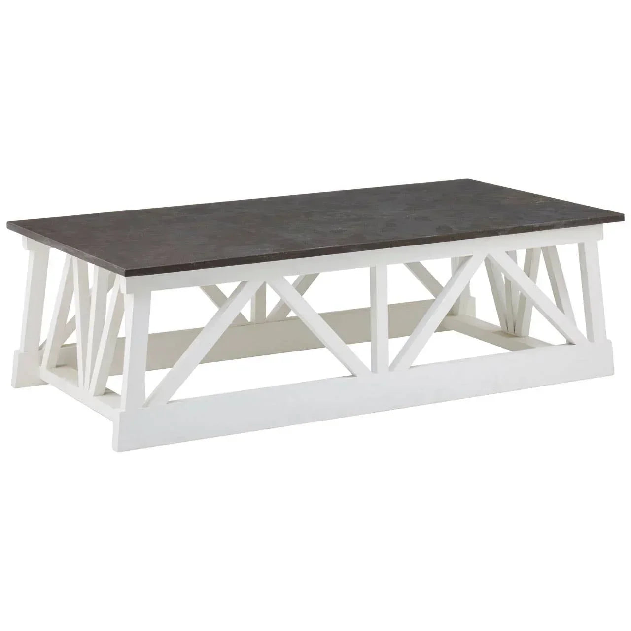Rectangular coffee table with dark wood top and white geometric wooden base