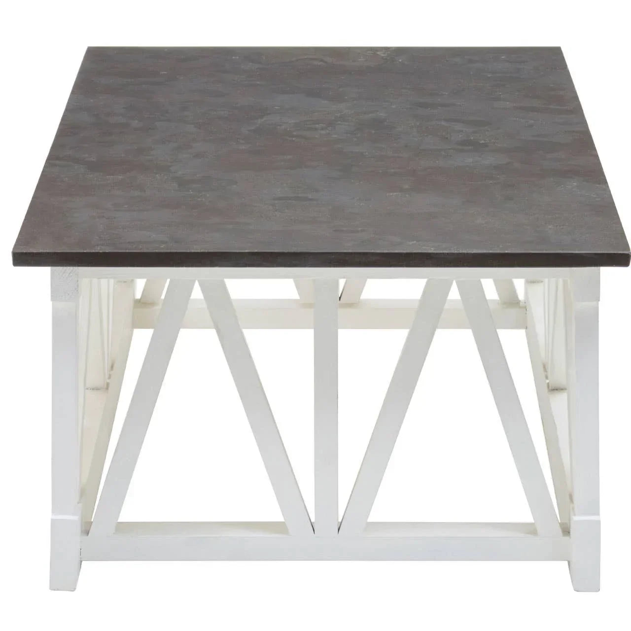 Rectangular coffee table with dark stone top and white wooden geometric frame