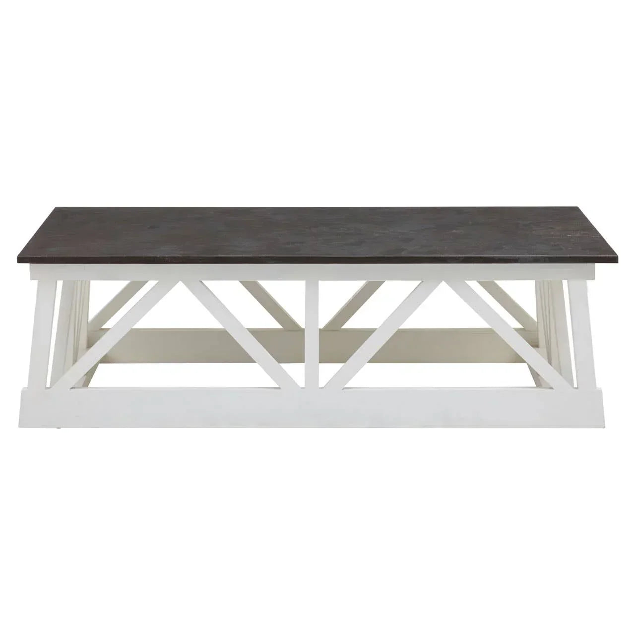 Rectangular coffee table with dark wood top and white geometric trestle base