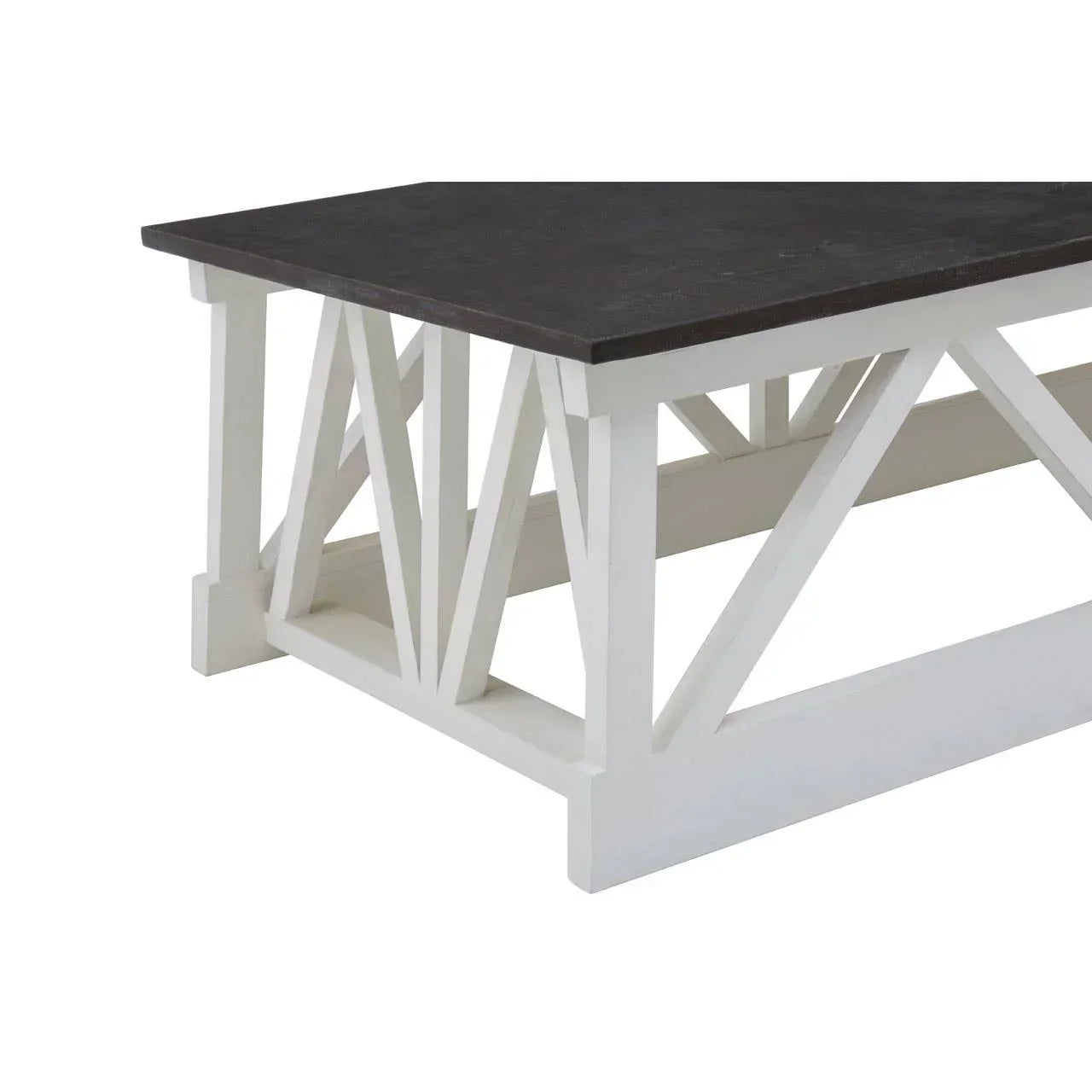 Rectangular dining table with dark wood top and white geometric wooden base