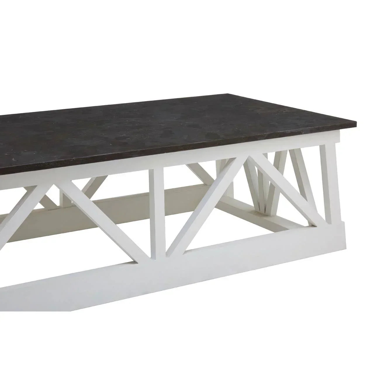 Rectangular dining table with dark wood top and white geometric frame base, side view