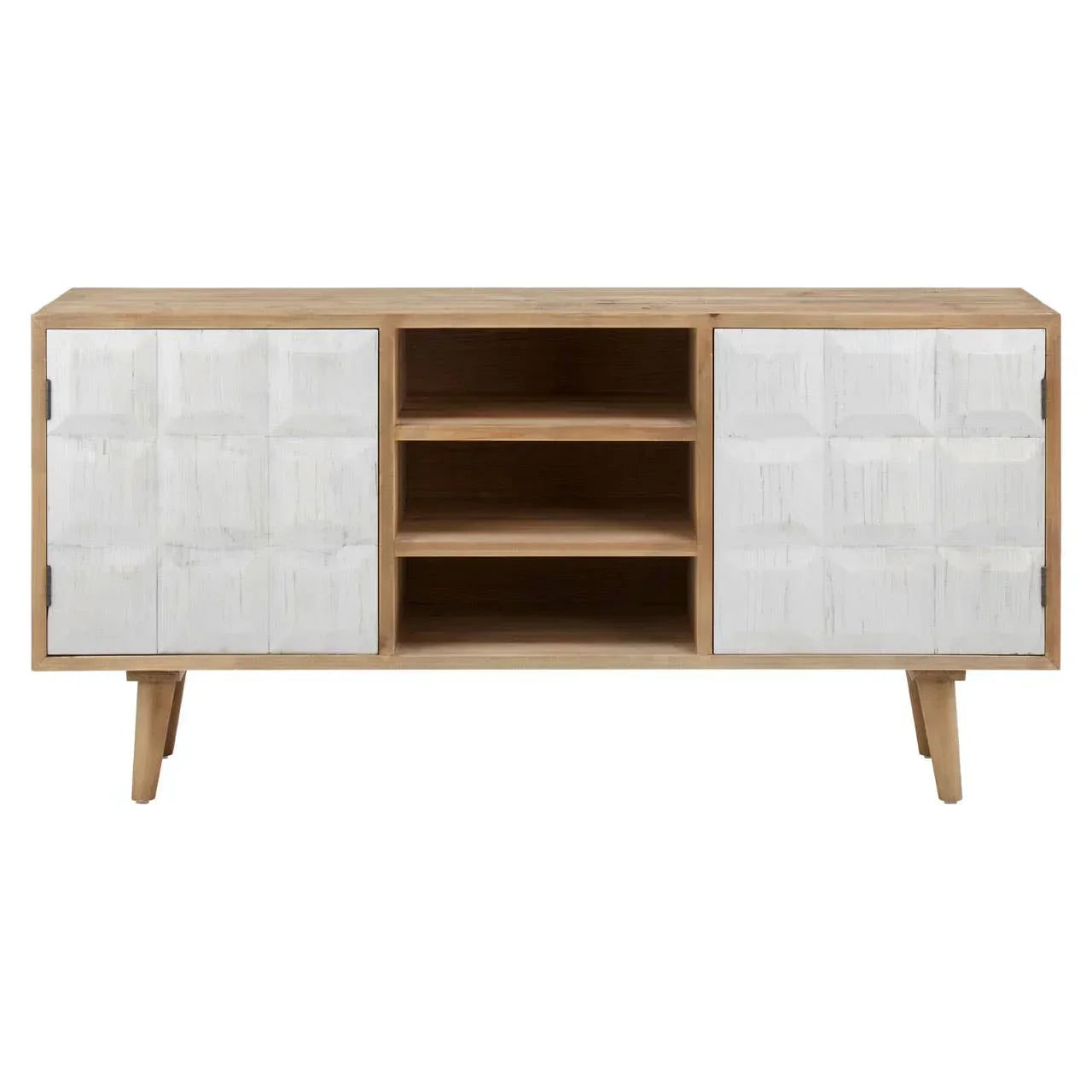 Wooden sideboard with textured white doors and open central shelves on angled legs