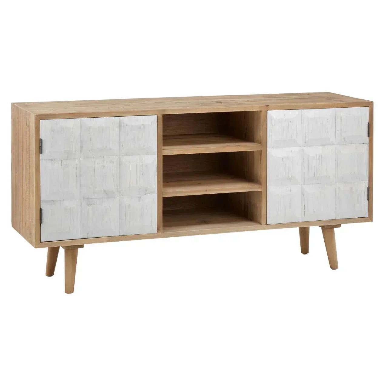 Wood sideboard with white textured doors and open shelves, angled legs, front view