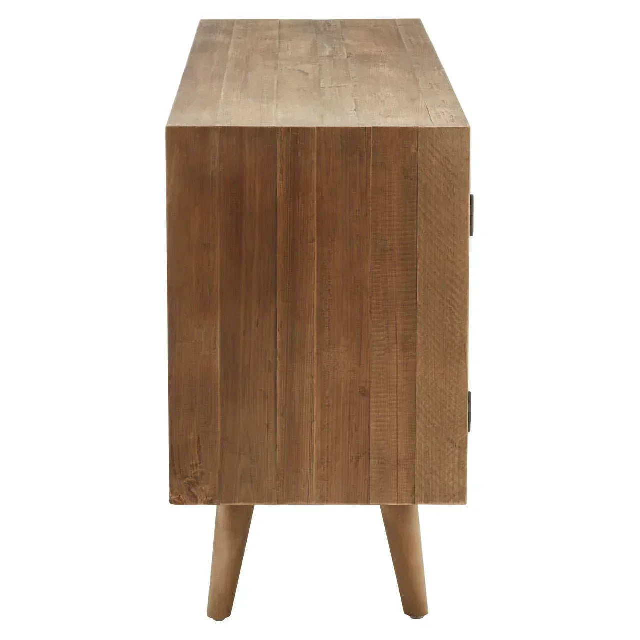 Side view of wooden cabinet with tapered legs and natural finish
