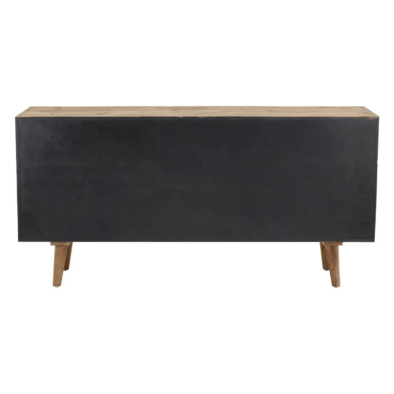 Rear view of black sideboard with wooden legs and top, modern furniture piece