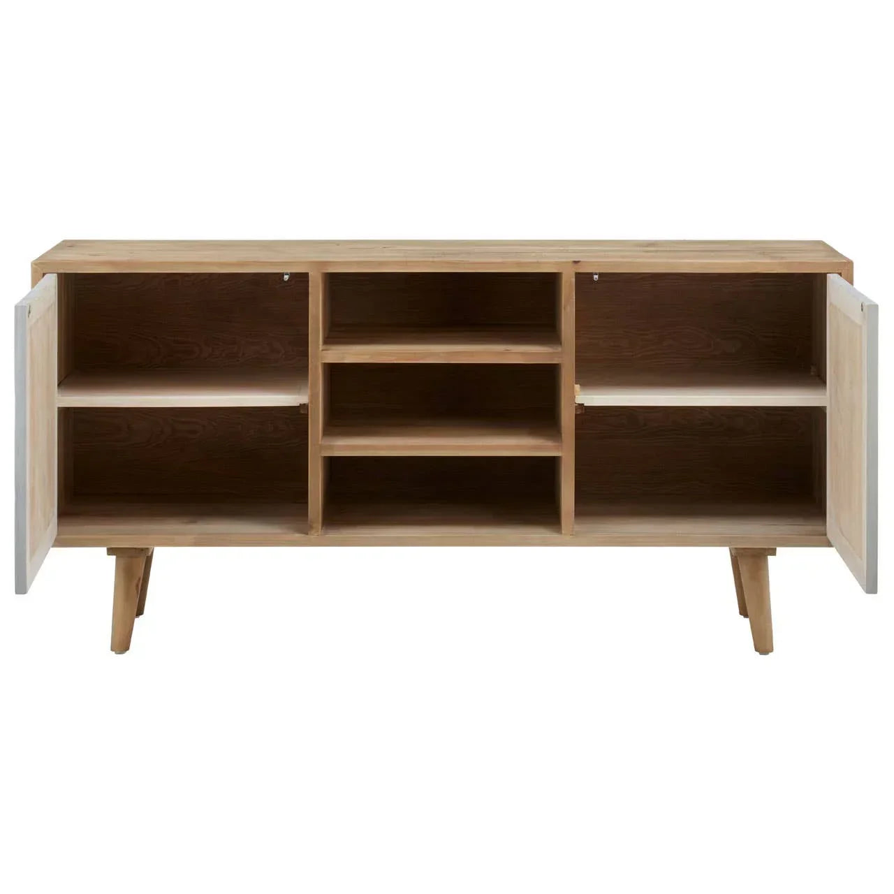 Wooden sideboard with open doors showing shelves and central storage compartments