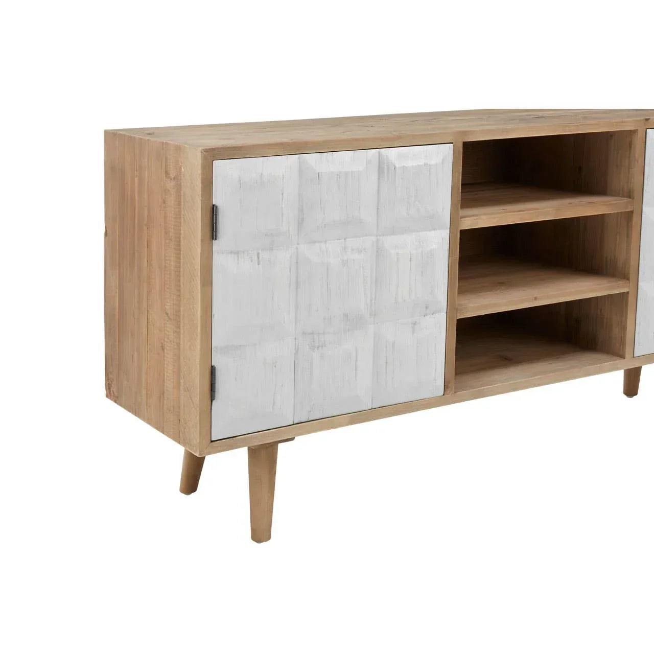 Wood sideboard with textured white cabinet doors and open shelving, angled front view