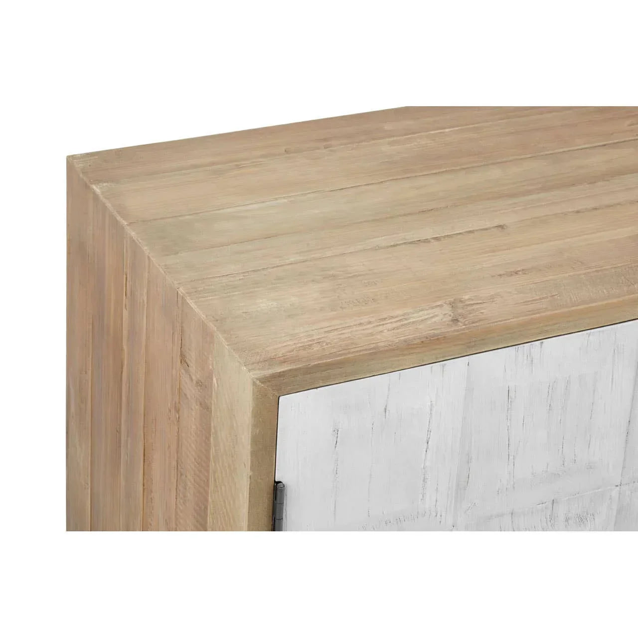 Closeup of wooden sideboard corner with brushed natural finish and white panel detail